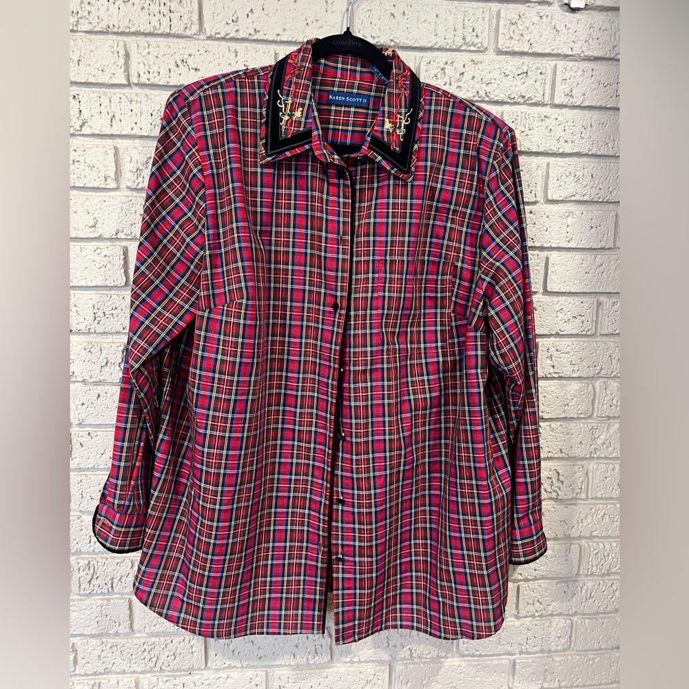 Karen Scott Red and Black Plaid Shirt Embroidered Collar Black Velvet Trim 1X